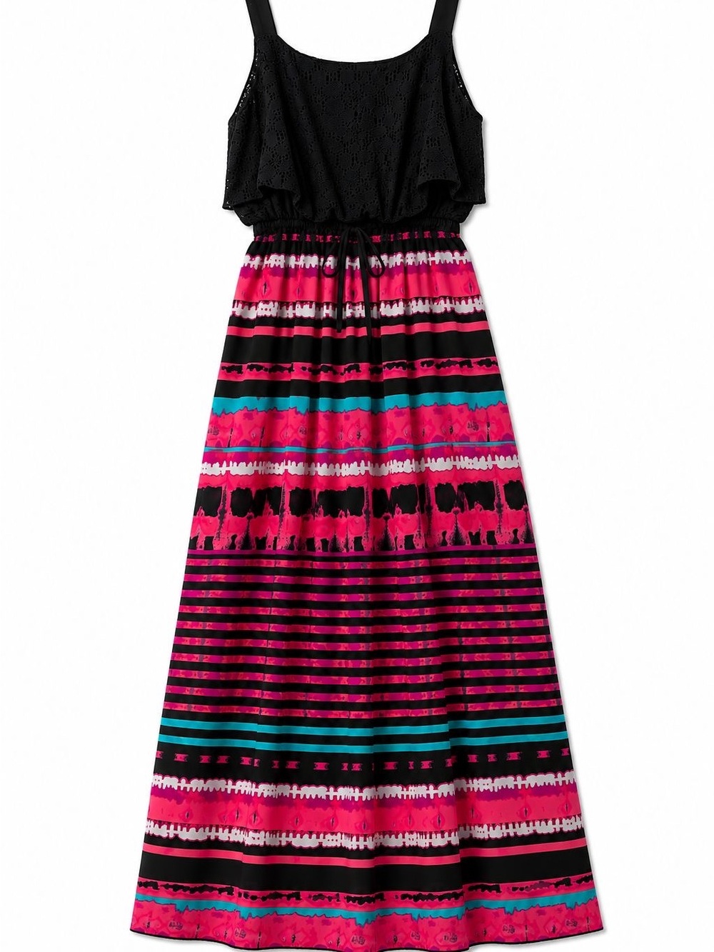 Allison Brittney Black Bodice Maxi Dress with Pink and Teal Stripes